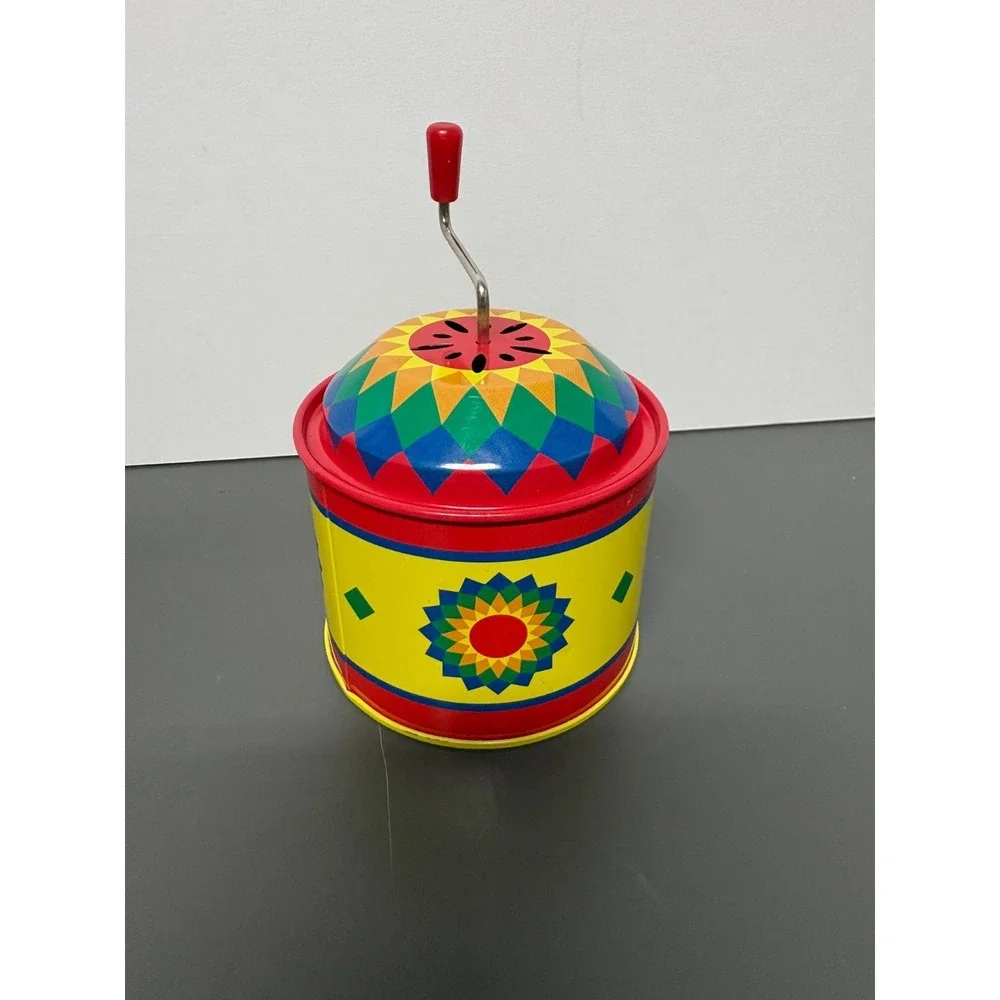Used 2007 Vintage Schylling Tin Music Box Round Kaleidoscope Pattern 4.5